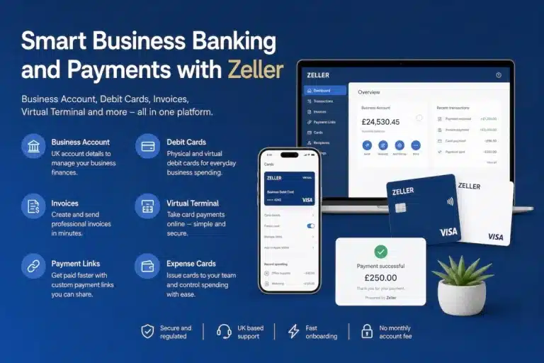 Zeller business account, debit cards, invoices and payment tools for UK businesses