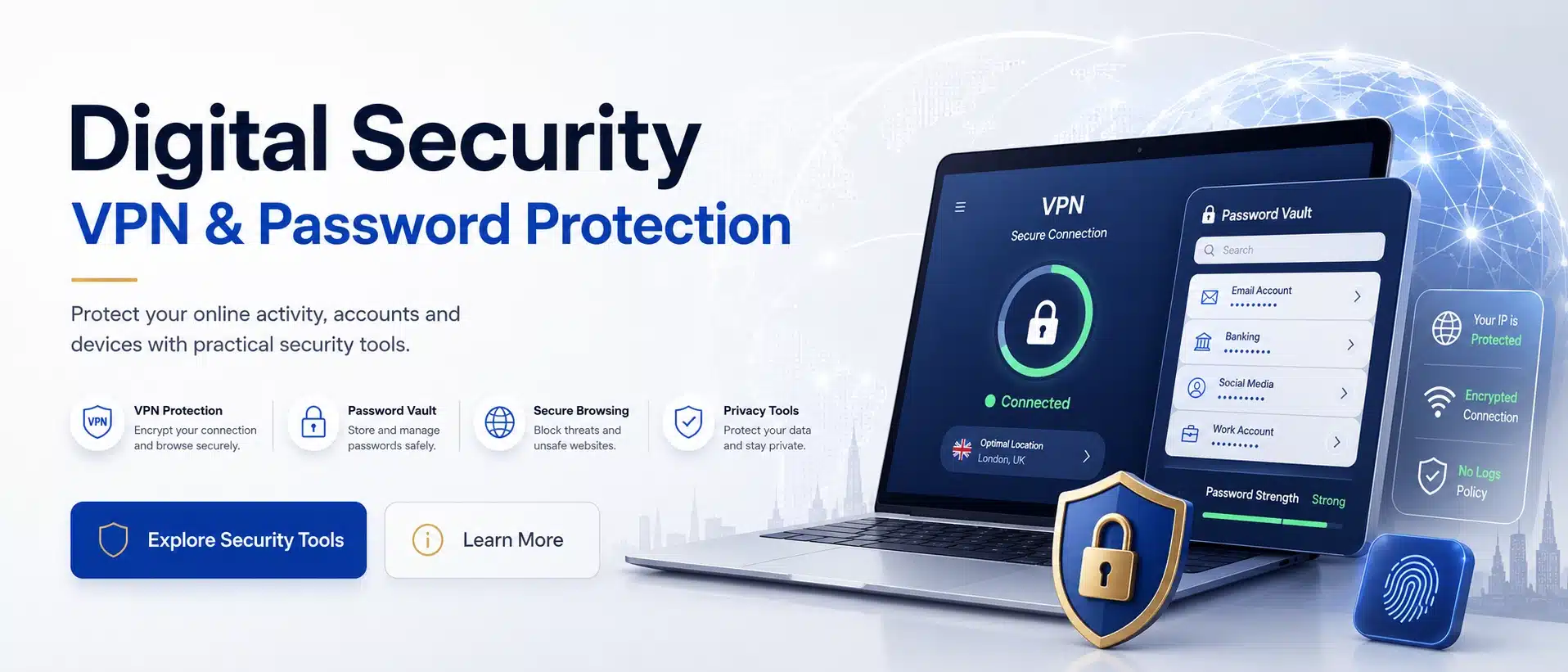 Digital security with VPN and password protection